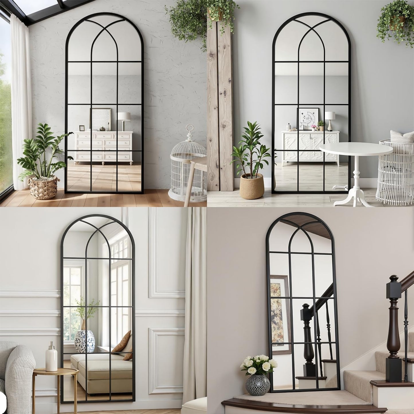 Dewfig 65"x 22" Arched Window pane Full Length Mirror, Wall Mirror, Floor Standing Mirrors, Farmhouse Long Full Body Mirrors Wall Mounted for Living Room, Bedroom, Entryway, Fireplace, Black