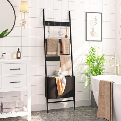 HOOBRO Blanket Ladder with Basket, 17.3”L x 63.4”H, Towel Rack with Hooks, Blanket Holder Rack, Decorative Ladder Shelf, Drying and Display Rack for Bathroom, Living Room, Rustic Brown BF31CJ01
