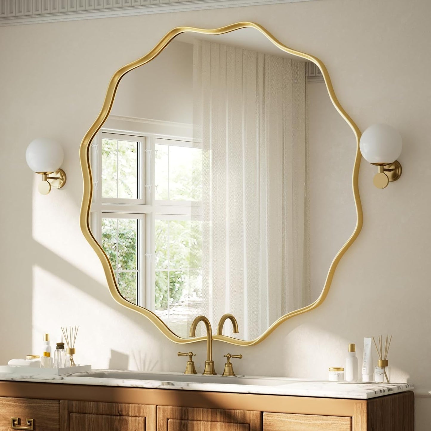 VooBang Black Scalloped Large Circle Mirror, 42" Wavy Edge Round Wall Mirror with Tempered Glass Textured Circular Metal Deep Frame, Hanging Leaning for Bathroom, Hallway, Entryway, Livng Room