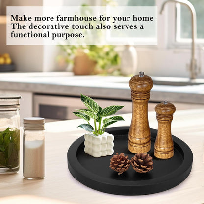 Round Decorative Tray for Coffee Dining Table Countertop Small Wooden Serving Trays Farmhouse Kitchen Home Living Room Decor and Bathroom Accessories Tray Black Rustic Wood Candle Centerpiece Trays