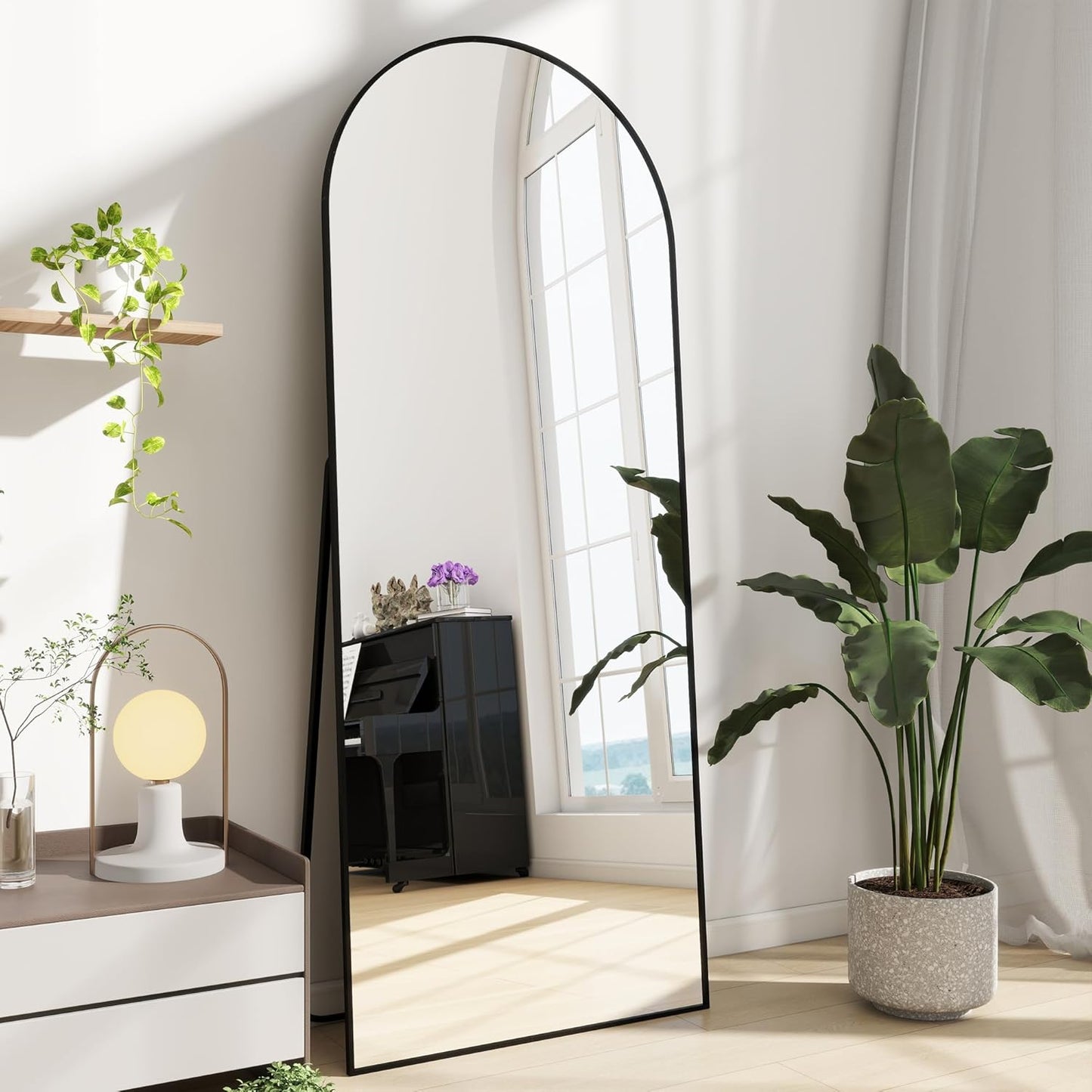 Dewfig Arched Full Length Mirror, 76"x34" Large Floor Mirror, Full Body Mirrors for Leaning or Hanging, Standing Mirrors for Bedroom, Living Room,Dressing Room, Aluminum Alloy Frame, Black