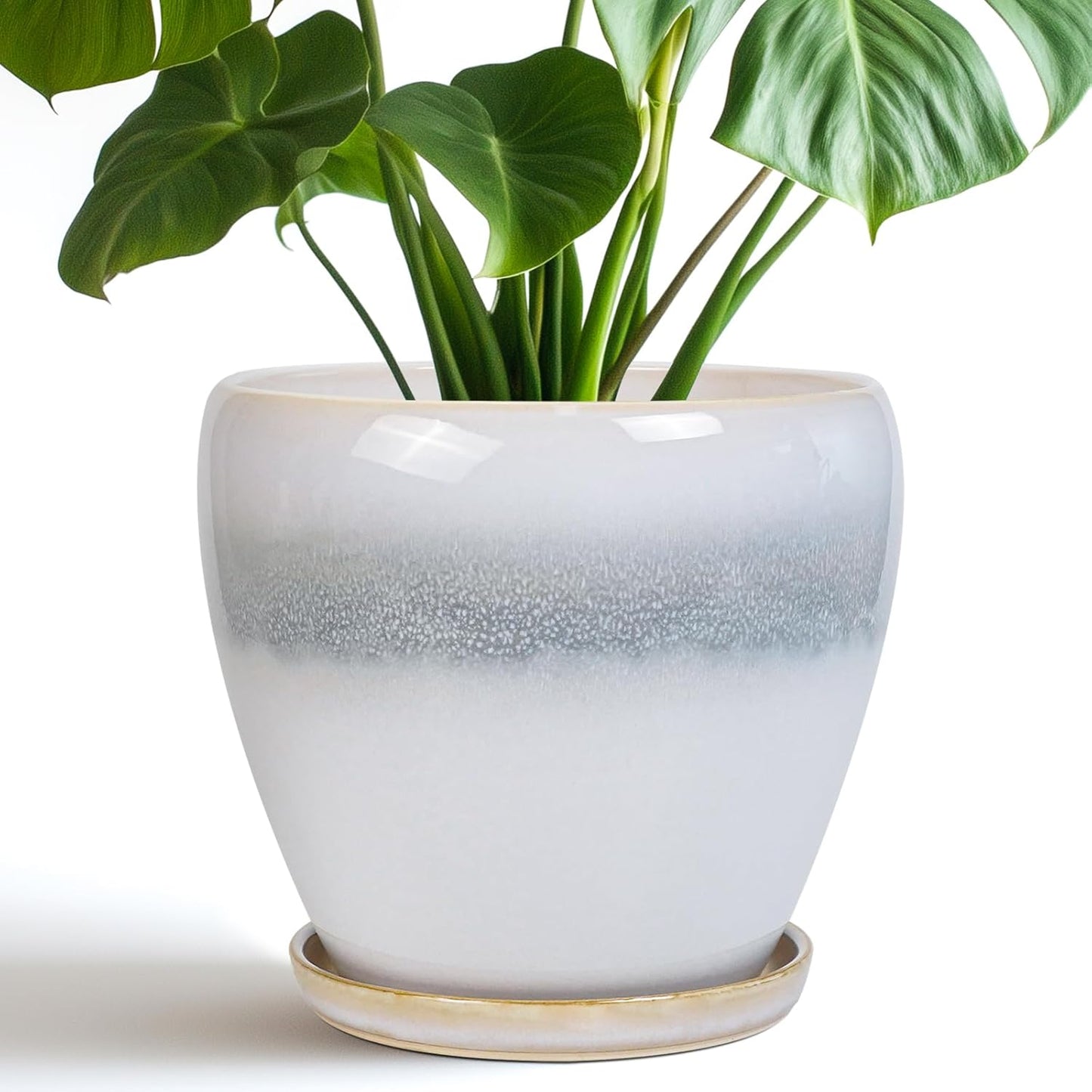 10 Inch Ceramic Planter Pot Round Plant Pot for Indoor Plants Outdoor Large Flower Pot with Drainage Hole and Saucer Blue