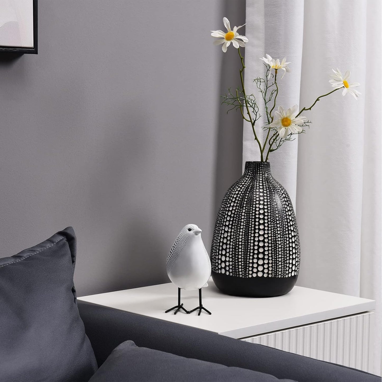 Quoowiit Bird Figurine, Modern Sculpture and Statues for Home Decor, Animal Statues for Bookshelf, Table, Entryway, Fireplace, Resin Decorative Sculpture with Chic Polka Dots Art Design (White)