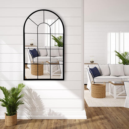 HQiJun Black Arched Window Mirror, Farmhouse Decorative Wall Mirrors for Living Room, Bedroom, Entryway, Bathroom Vanity, Fireplace Mantel, Window Pane Mirror Wall Decor (Black, 31.5 x 20 x1)