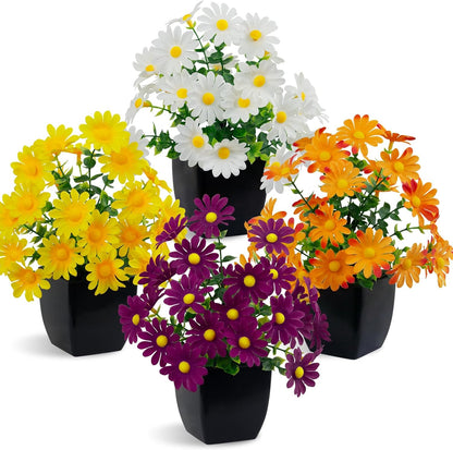 LOYWREE 4 Pack Small Artificial Mums Flowers in White Pots, Fake Mini Potted Plants, Spring Floral Decor for Home Bathroom Shelves Office Desk Table Centerpiece Indoor Decoration