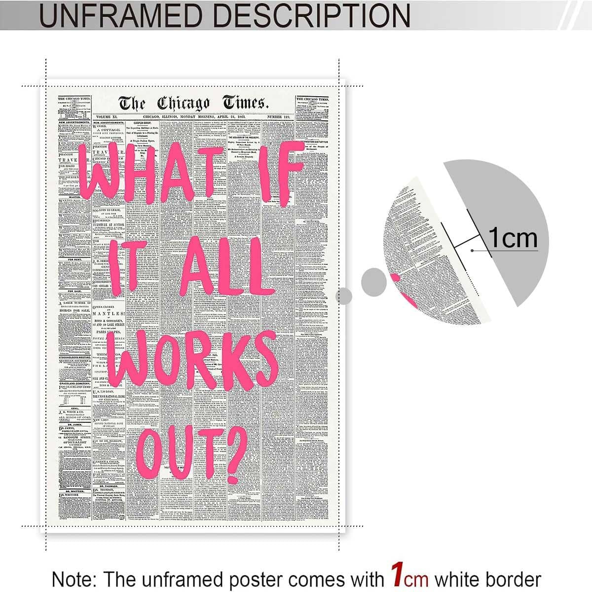 Retro Black And White Newspaper Poster What If It All Works Out Canvas Wall Art Positive Affirming Quote Minimalist Prints Painting For Home Bedroom Dorm Wall Decor 12x16in Unframed