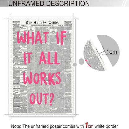 Retro Black And White Newspaper Poster What If It All Works Out Canvas Wall Art Positive Affirming Quote Minimalist Prints Painting For Home Bedroom Dorm Wall Decor 12x16in Unframed