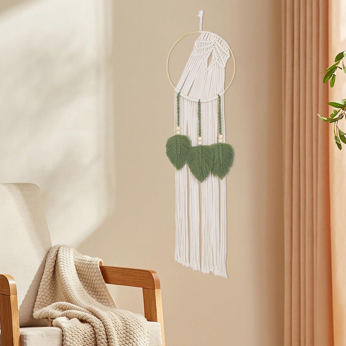 LB Boho Macrame Wall Hanging - Green and Beige Handmade Cotton Woven Decor, Modern Geometric Bohemian Tapestry Wall Decor for Bedroom Living Room Home (31.5"x9.84") Nature-Inspired Room Decor