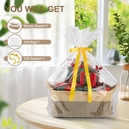 OIAHOMY Woven Basket, Gift Basket Empty with Gift Bags and Ribbons, Rope Baskets for Baby Showers, Storage Baskets with Handles for Nursery, Pet Toy Organizer - White