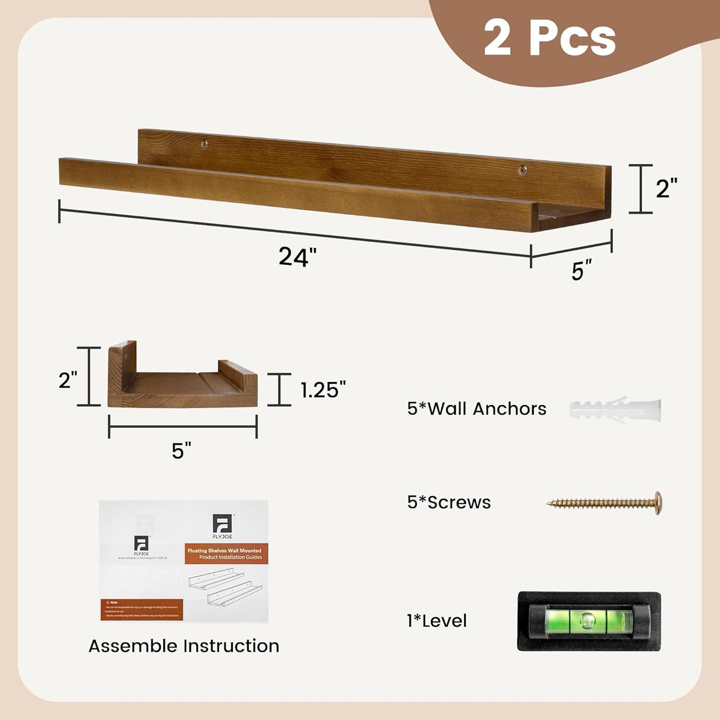 FLYJOE Picture Ledge Shelf, Floating Shelves Set of 2, Solid Pine Wood 55'' Long Large Nursery Book Shelves for Toys Storage, Kids Bookshelf for Living Room Bedroom Decor Books Photo Frames, Walnut