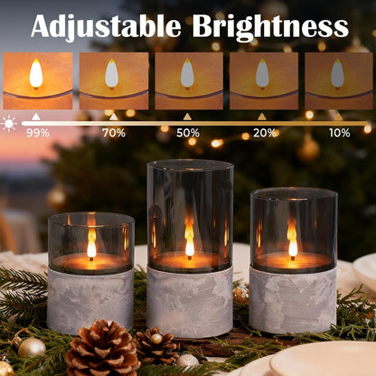 Rechargeable Flameless Glass Pillar Candles–Gifts for Women,–Set of 3, Realistic Flickering LED Light,Remote & Timer, Ideal for Living Room, Bedroom & Festival Wedding Home Party Decor