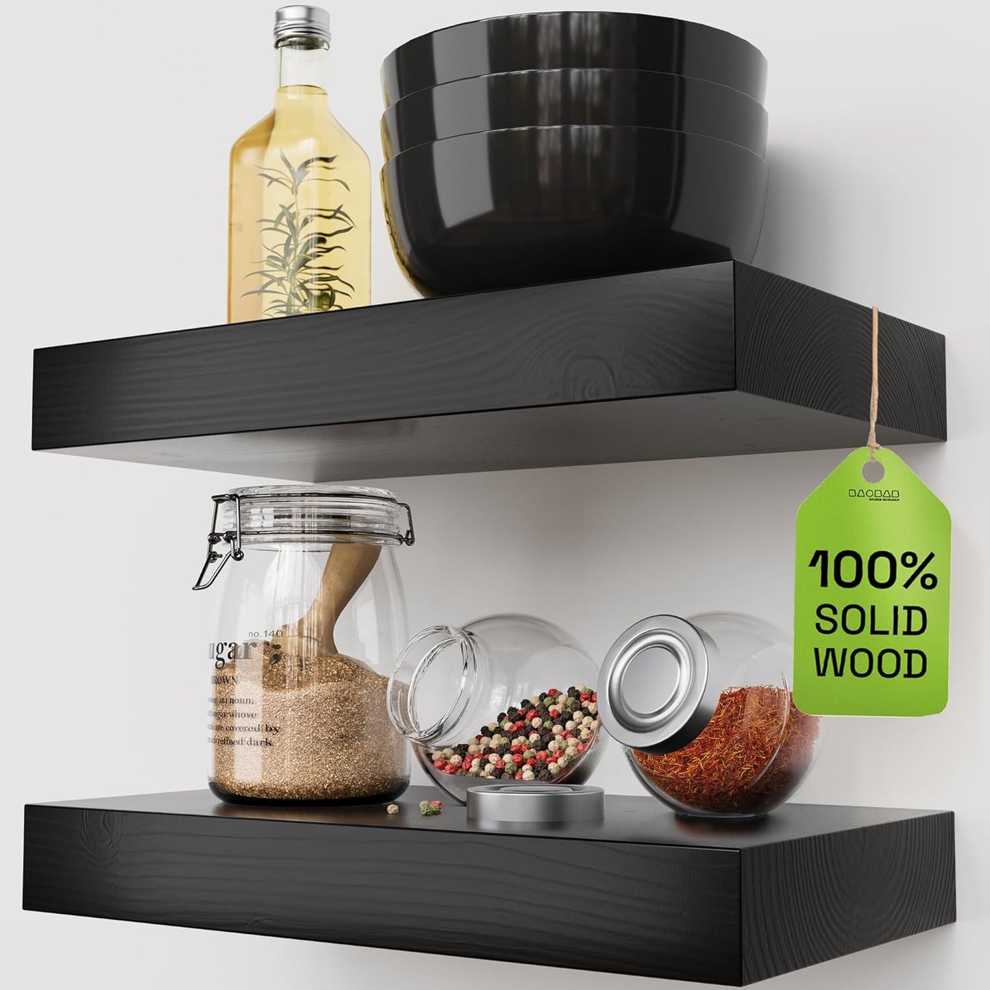 BAOBAB WORKSHOP Wood Floating Shelves for Wall Mounted, 16 inch Walnut Floating Shelf for Bathroom, Solid Wooden Wall Shelves for Kitchen Bedroom Farmhouse, Walnut Finish, 16 x 6.7, Set of 2