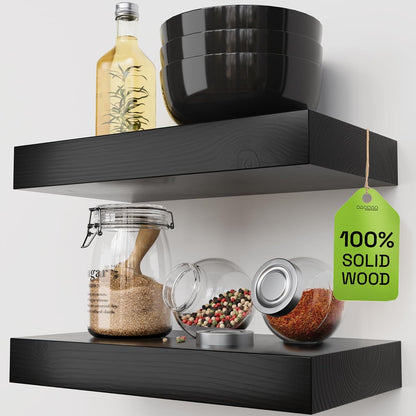 BAOBAB WORKSHOP Wood Floating Shelves for Wall Mounted, 16 inch Walnut Floating Shelf for Bathroom, Solid Wooden Wall Shelves for Kitchen Bedroom Farmhouse, Walnut Finish, 16 x 6.7, Set of 2