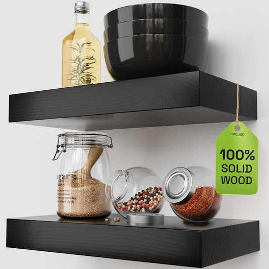 BAOBAB WORKSHOP Wood Floating Shelves for Wall Mounted, 16 inch Walnut Floating Shelf for Bathroom, Solid Wooden Wall Shelves for Kitchen Bedroom Farmhouse, Walnut Finish, 16 x 6.7, Set of 2
