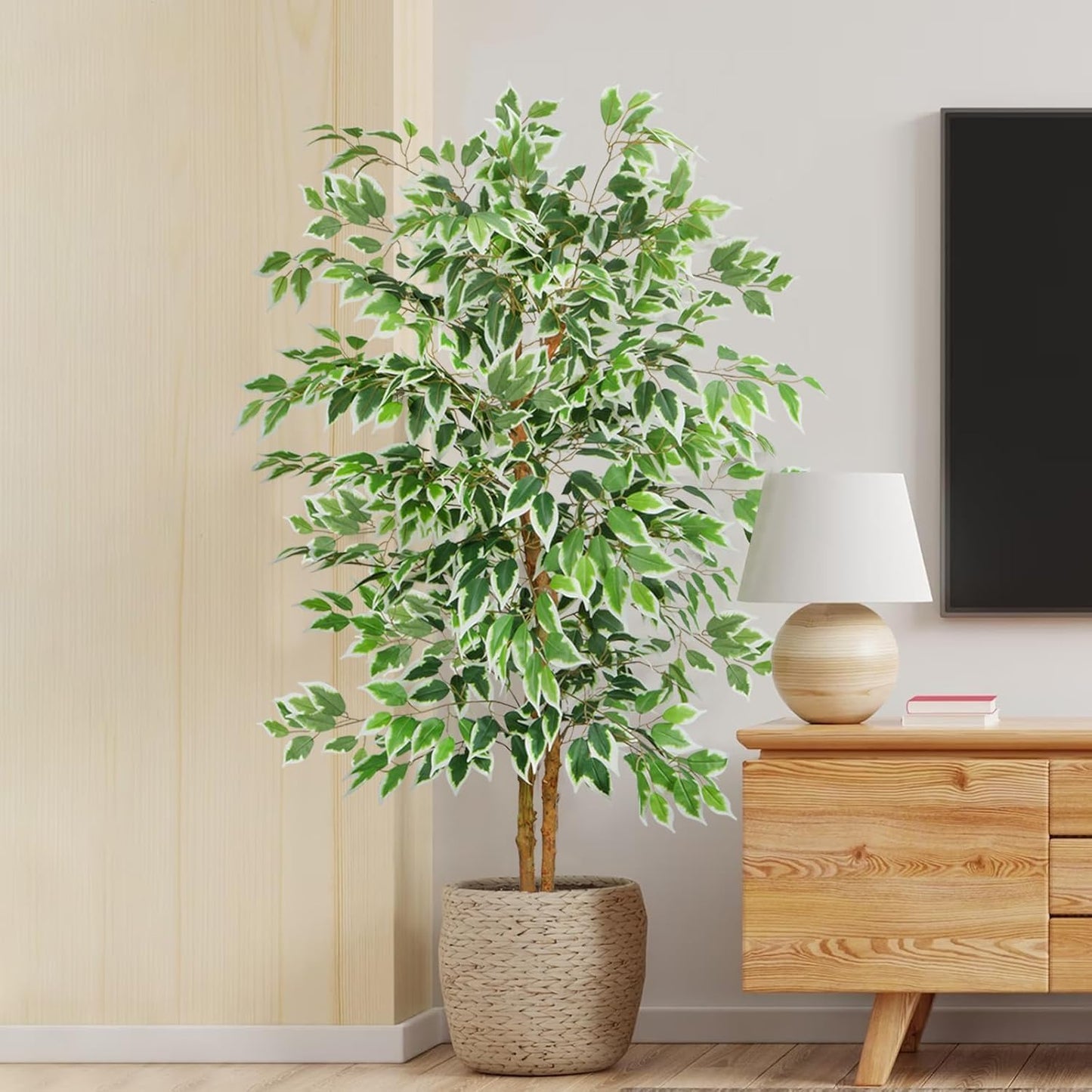 GTIDEA 6ft Artificial Tree Ficus, Tall Faux Trees Indoor with Natural Trunk and Fake Silk Tree Fake Plants for Home Spring Decor Living Room Outdoor Balcony House Office (Included Dried Moss)