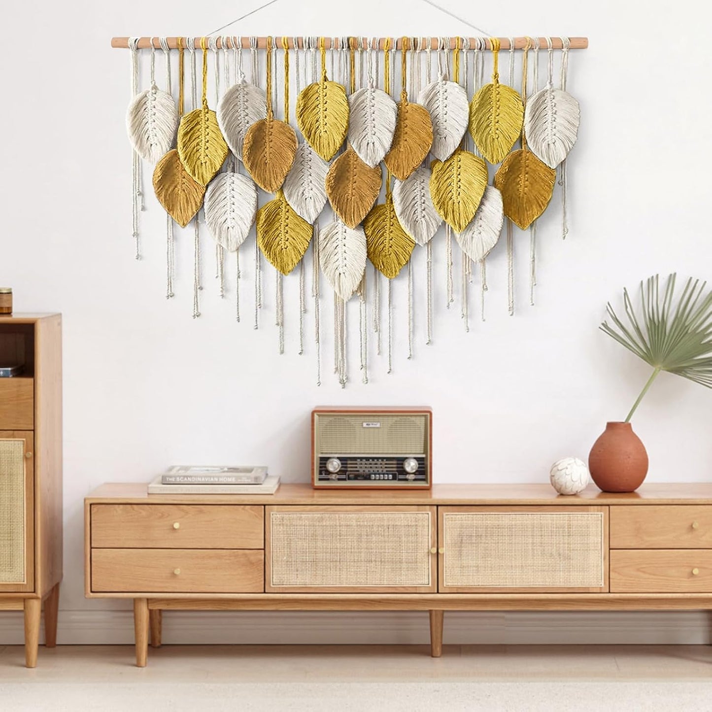 KHOYIME Large Macrame Wall Hanging Boho Woven Tapestry, Chic Home Decor Modern Bohemian Handmade Leaf Feather Wall Art Decorations for Apartment Dorm Living Room Bedroom Nursery Backdrop 39"W X 29.5"L