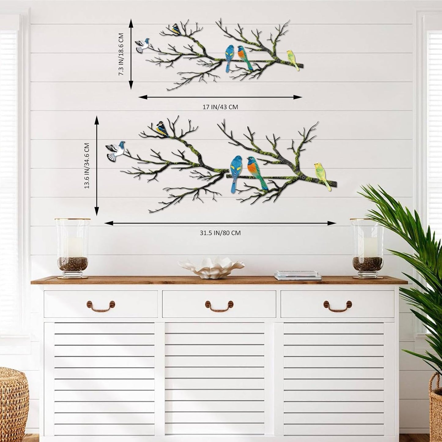 Metal Birds Wall Art, Metal Vivid Birds on Branch Silhouette Wall Decor Black Leaves with Bird Outdoor Hanging Wall Sculpture for Home Balcony Garden(Large)
