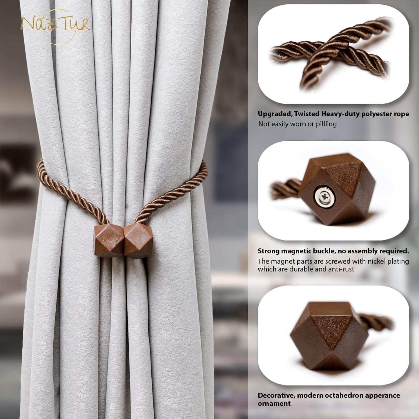 NazTur Magnetic Curtain Tiebacks- Upgrade 2022 with a Thicker Twist Rope & Strong Magnet Tieback Window Treatment Holdbacks Draperies Holders Decorative Drape Handmade Tie Back (Black, 2)