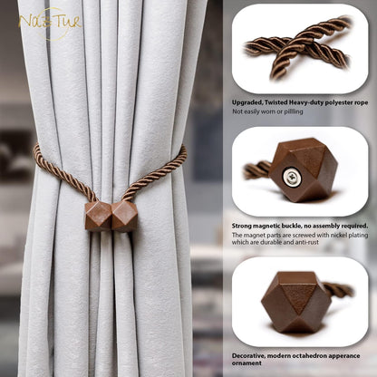 NazTur Magnetic Curtain Tiebacks- Upgrade 2022 with a Thicker Twist Rope & Strong Magnet Tieback Window Treatment Holdbacks Draperies Holders Decorative Drape Handmade Tie Back (Black, 2)