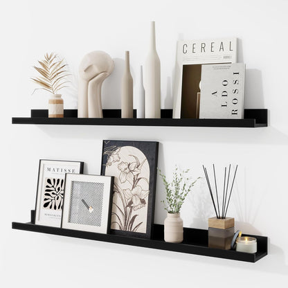 RICHFOCUS Picture Ledge Shelf, 24 inch Floating Shelves Set of 2, Wood Wall Shelves with Lip, Wall Decor Storage for Bedroom Living Room Bathroom Kitchen Nursery Photo Picture, Walnut