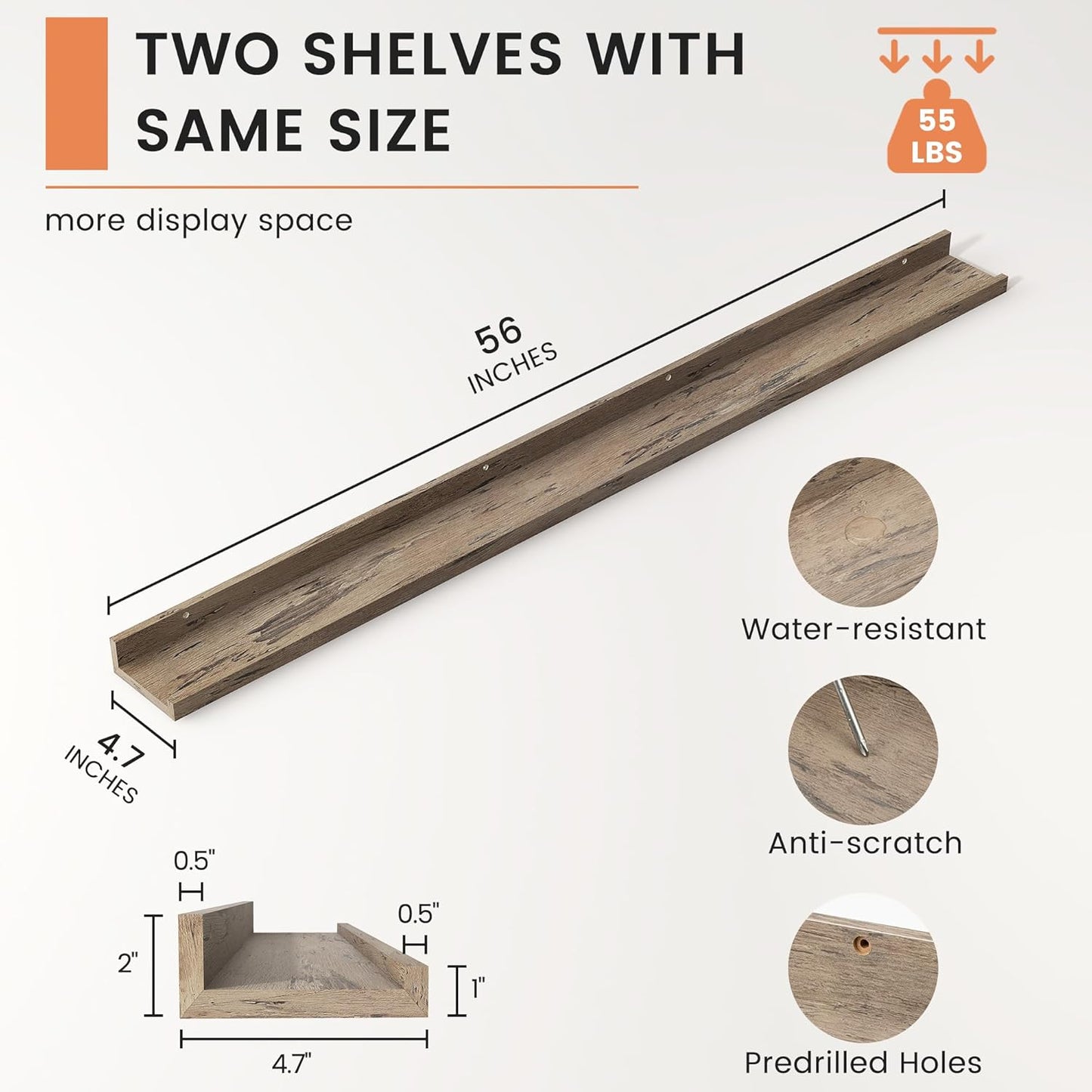 FLYJOE Picture Ledge Shelf, Floating Shelves Set of 2, 48 Inches Long Large Nursery Book Shelves for Toys Storage, Kids Bookshelf Wall Mounted for Living Room Bedroom Decor Books Photo Frames, Walnut