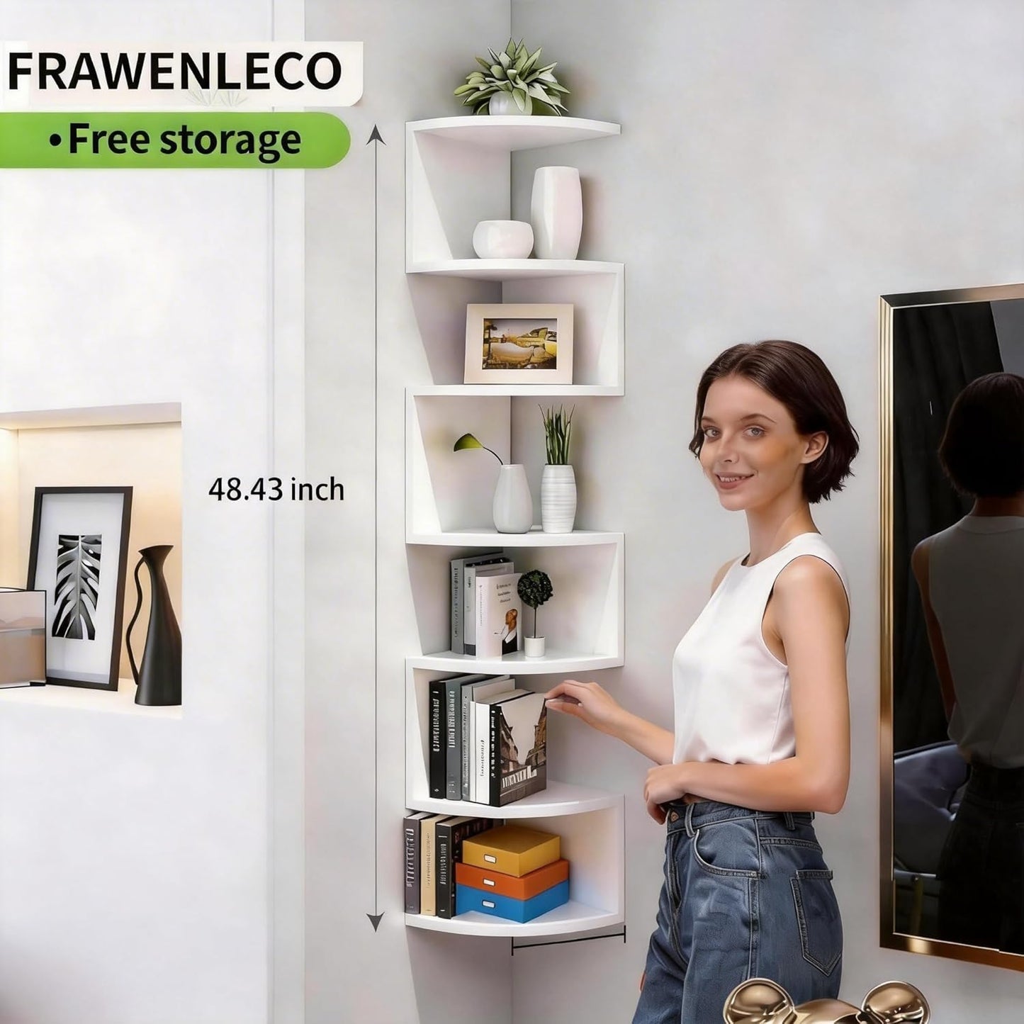 No-Drill Corner Shelf Wall Mount, 5-Tier Floating Corner Bookshelf with Hooks, Space-Saving Zigzag Plant Shelf for Bedroom, Living Room, Bathroom, Home Office