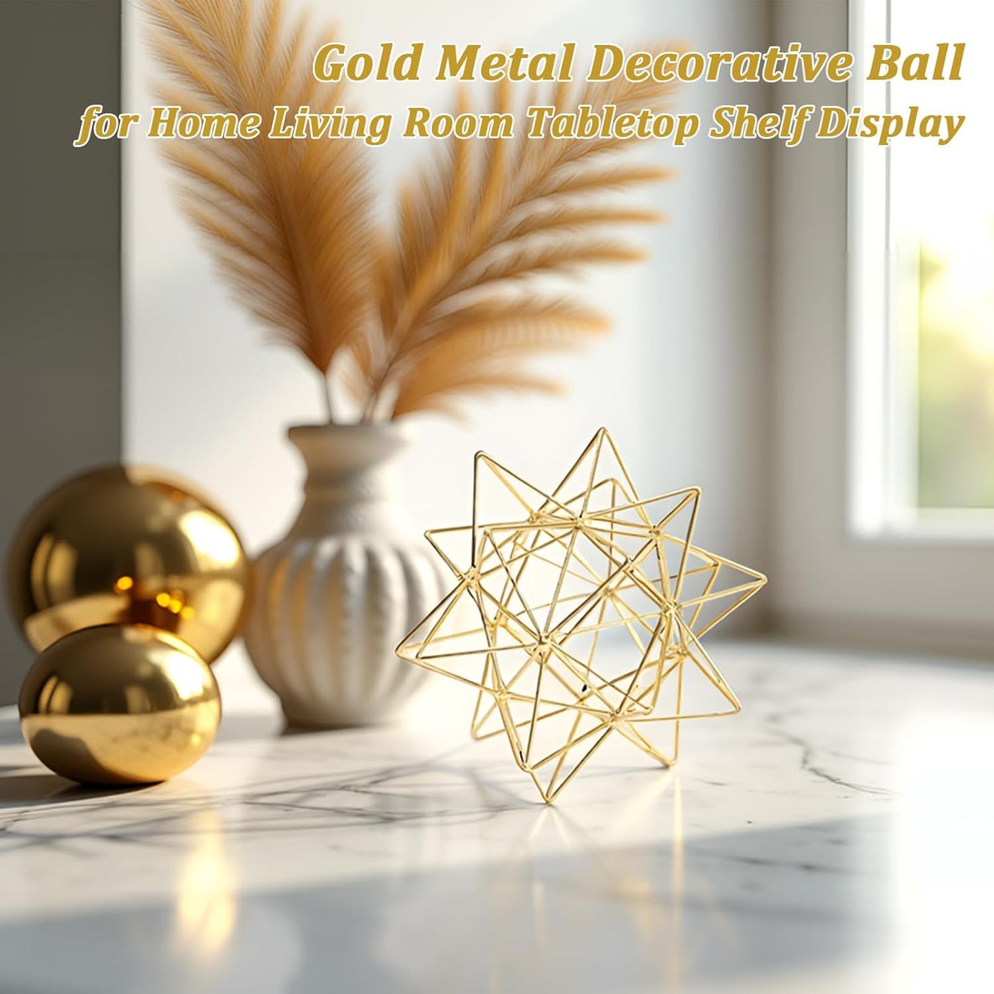 5.5" Gold Metal Geometric Sculpture, Modern Square Decorative Sphere, Small Tabletop Decoration Ball for Home Office Table Shelf Living Room Bedroom Desk Decor