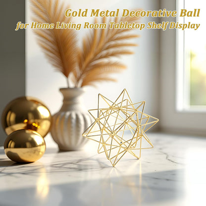 5.5" Gold Metal Geometric Sculpture, Modern Square Decorative Sphere, Small Tabletop Decoration Ball for Home Office Table Shelf Living Room Bedroom Desk Decor
