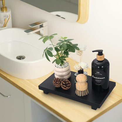 Black Bathroom Vanity Organizer Tray for Countertop Small Wooden Pedestal Stand Farmhouse Kitchen Sink Tray Decorative Hand Soap Dish Dispenser Holder Wood Risers Modern Bathroom Decor Accessories