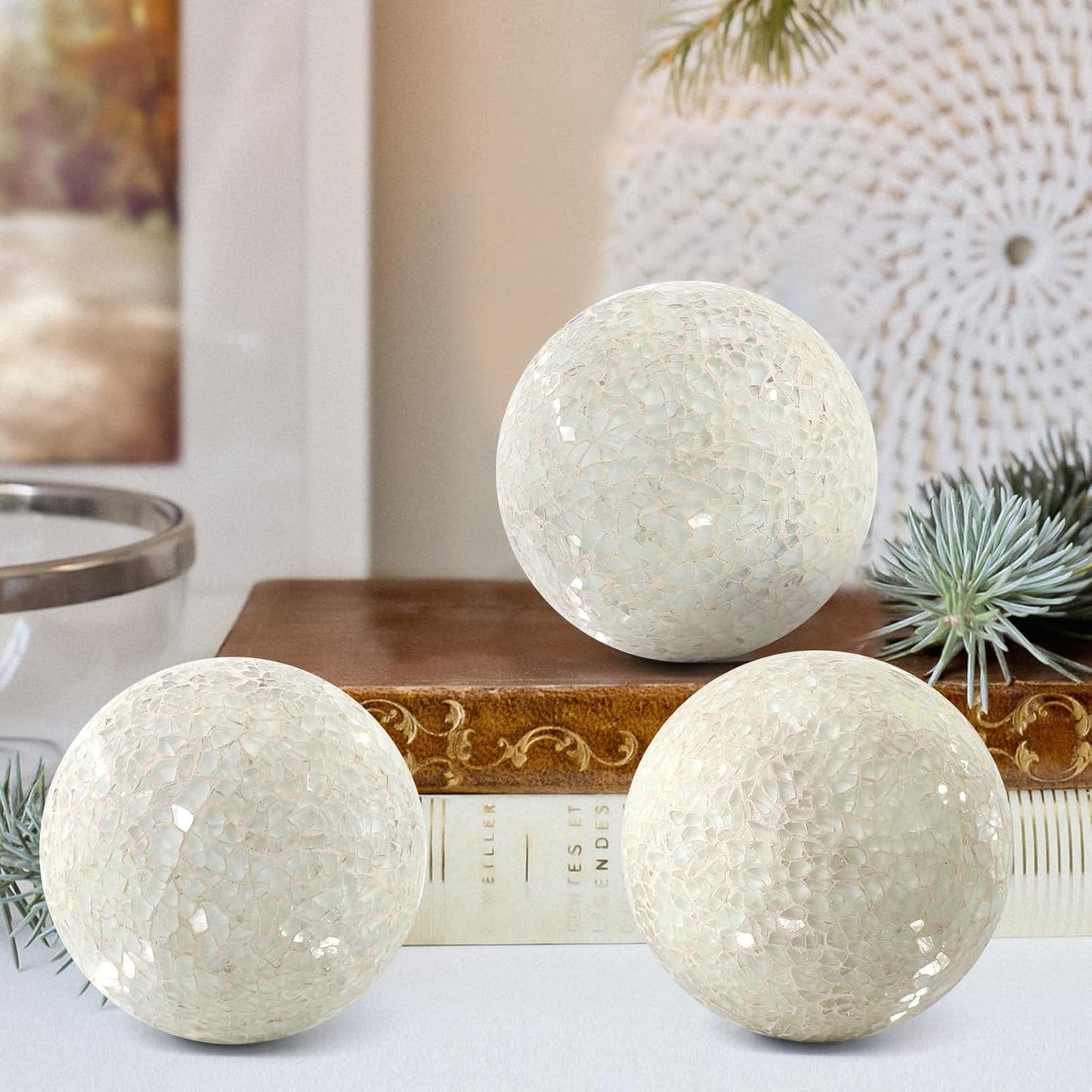 3Pcs Mosaic Glass Orbs Decorative Balls Set 8.5cm/3.35inch Blue Sphere Wedding Party Home Decor Table Centerpiece