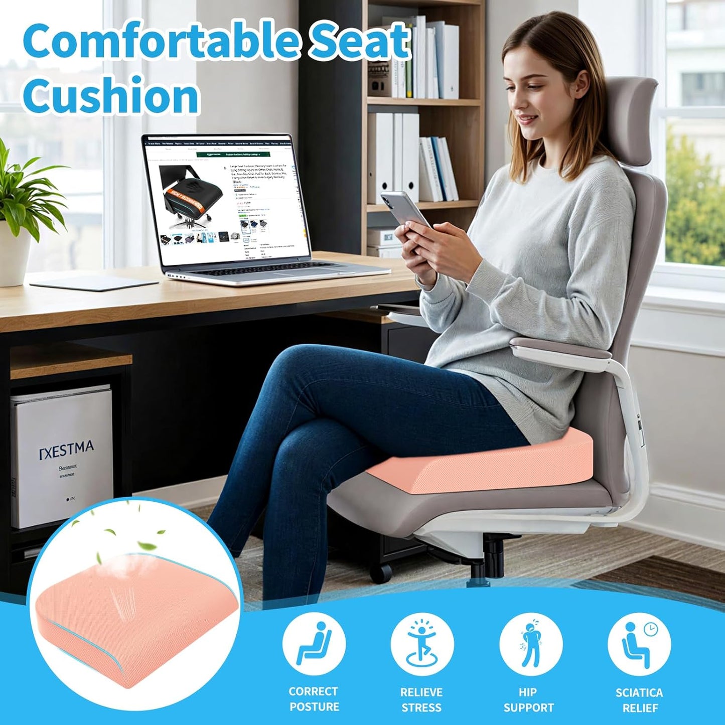 TranquilRelax Large Seat Cushion, Memory Foam Cushion for Long Sitting Hours on Office Chair, Car Seat, Non-Slip Chair Pad for Sciatica, Coccyx, Tailbone Pain Relief & Post-Surgery Recovery (Black)