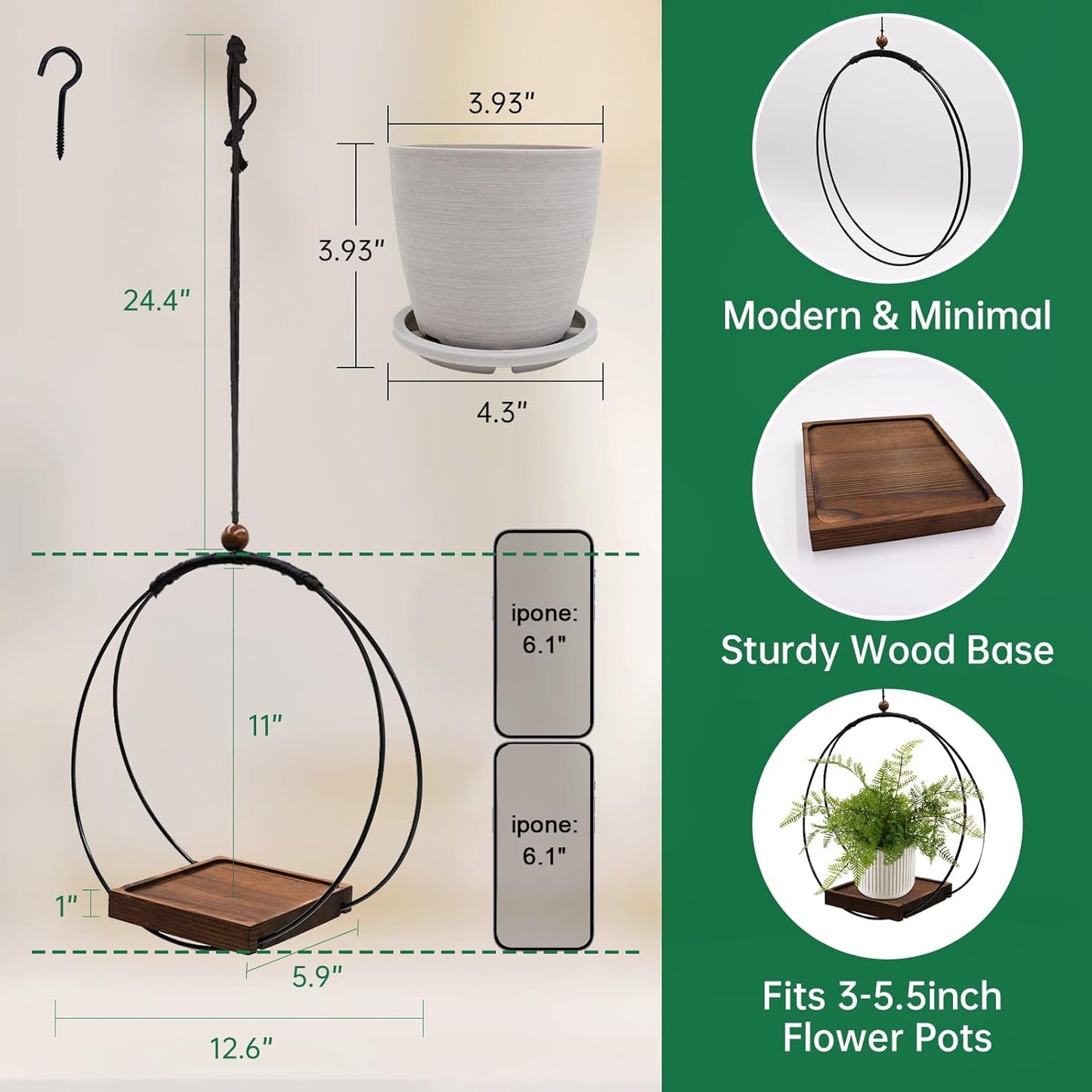 Hanging Planter for Indoor Plants, Black Plant Hanger Indoor with Sturdy Wood Base, Modern Boho Macrame Plant Hanger for 3-5.5 Inch Pot, Hanging Wall Ceiling Window Home Decor (Pots Not Included)