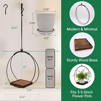 Hanging Planter for Indoor Plants, Black Plant Hanger Indoor with Sturdy Wood Base, Modern Boho Macrame Plant Hanger for 3-5.5 Inch Pot, Hanging Wall Ceiling Window Home Decor (Pots Not Included)