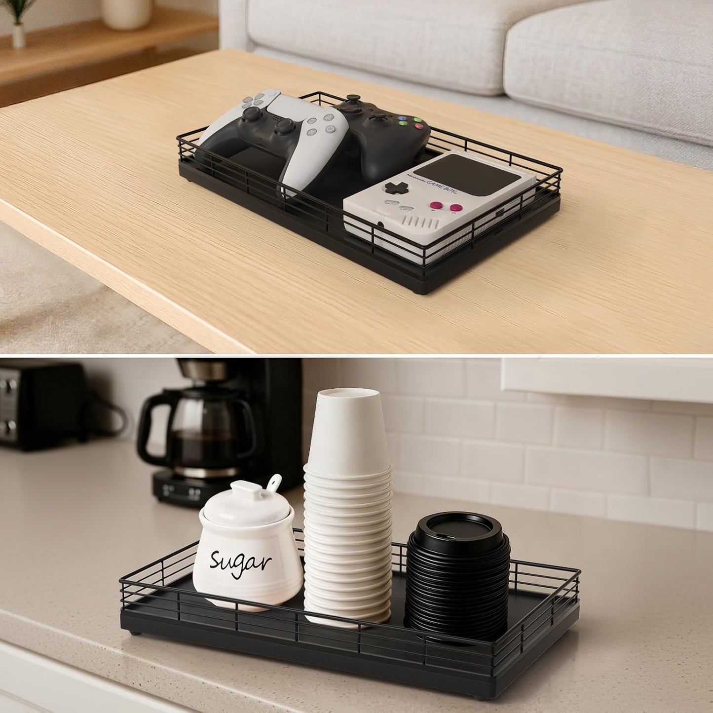 Bathroom Vanity Tray for Countertop, 12" x 6" Acacia Wood Toilet Tank Tray with Metal Guardrail, Bathroom Organizer for Soap, Perfume & Skincare, Non-Slip Decorative Tray for Dresser, Black & Acacia