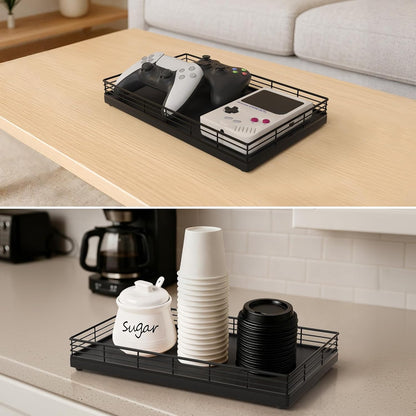 Bathroom Vanity Tray for Countertop, 12" x 6" Acacia Wood Toilet Tank Tray with Metal Guardrail, Bathroom Organizer for Soap, Perfume & Skincare, Non-Slip Decorative Tray for Dresser, Black & Acacia