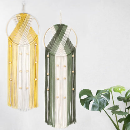 LB Boho Macrame Wall Hanging - Green and Beige Handmade Cotton Woven Decor, Modern Geometric Bohemian Tapestry Wall Decor for Bedroom Living Room Home (31.5"x9.84") Nature-Inspired Room Decor