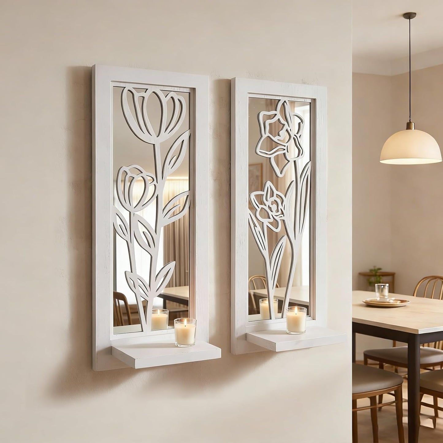 Wood Wall Sconce Candle Holder Set 2, Rustic Wall-Mount Candle Holders, Farmhouse Hanging Wall Décor, Carved Wood Frame, Mirrored Candle Holder (Distressed White)