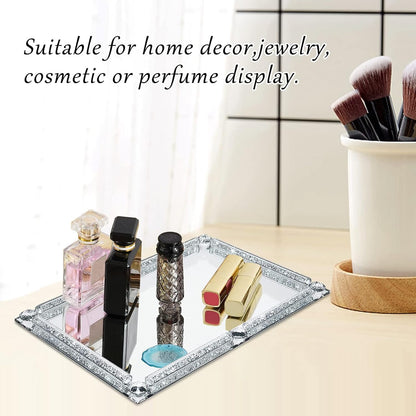 Crystal Glass Tray, Modern Mirror Jewelry Dresser Trinket Trays with Crushed Diamond, 11.8" x 7.9"Rectangular Makeup Perfume Tray for Bathroom Bedroom, Home Decor, Hotel Banquet, Party(Silver)