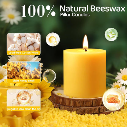 6 Pack Natural Beeswax Pillar Candles,100% Pure Beeswax Candles-210 Hours Long Burning,Organic Bees Wax Candles for Home,Emergency,Prayer,Parties,Unscented Dripless Smokeless Beeswax Candle Bulk 2x4in