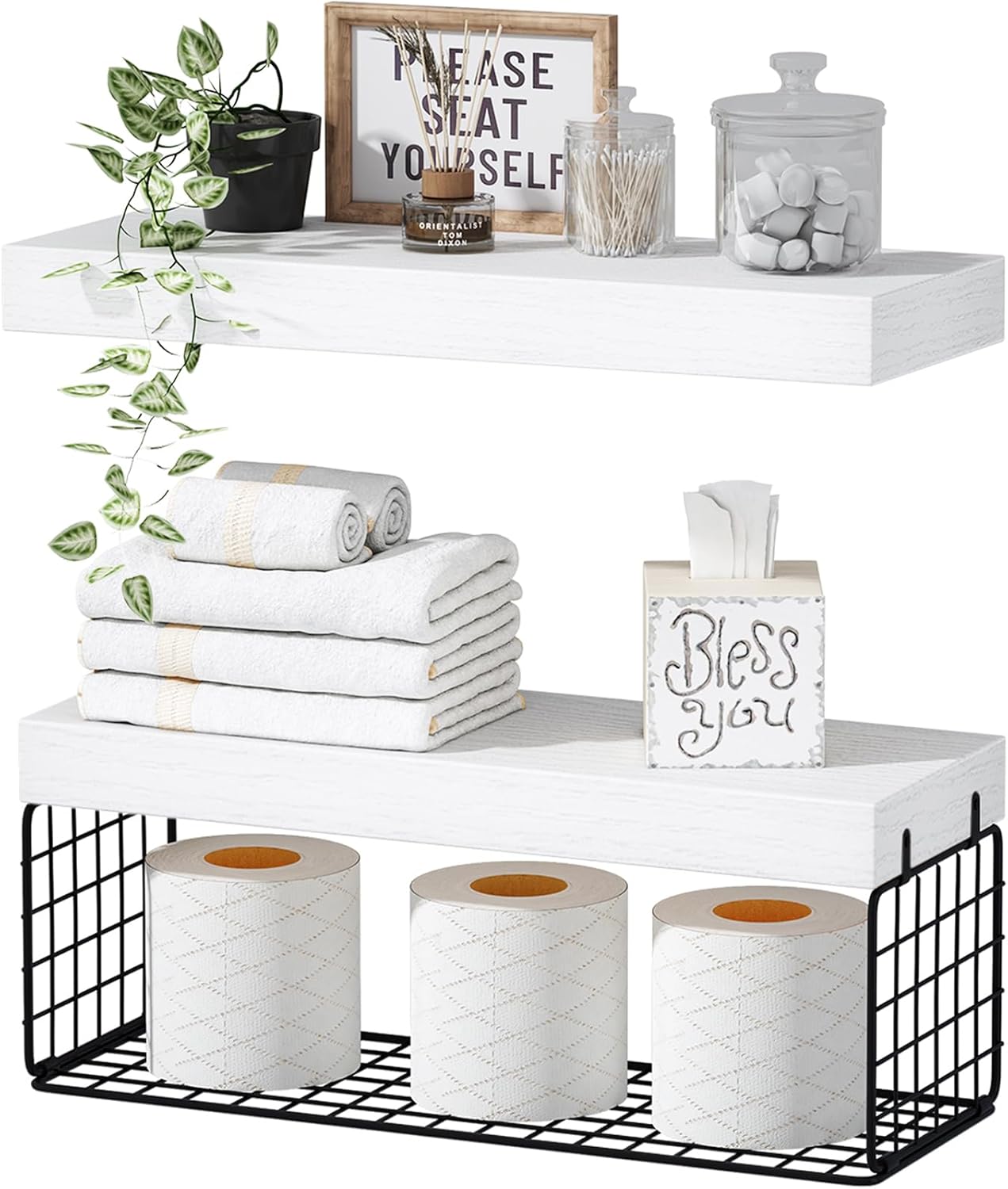 QEEIG Bathroom Shelves Over Toilet - Wall Mounted Floating Shelves Toilet Paper Storage Small Farmhouse Decor Shelf 16 inch Set of 3, Rustic Brown (019-BN3)
