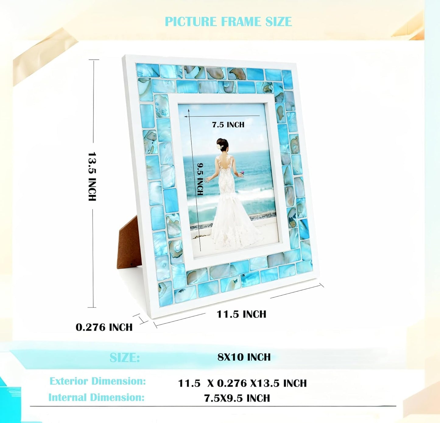 Silver Plate Picture Frame 5x7 Mother of Pearl 5 by 7 Photo Frame Mosaic Glass Tabletop Frame (Grey+ White,1pc)