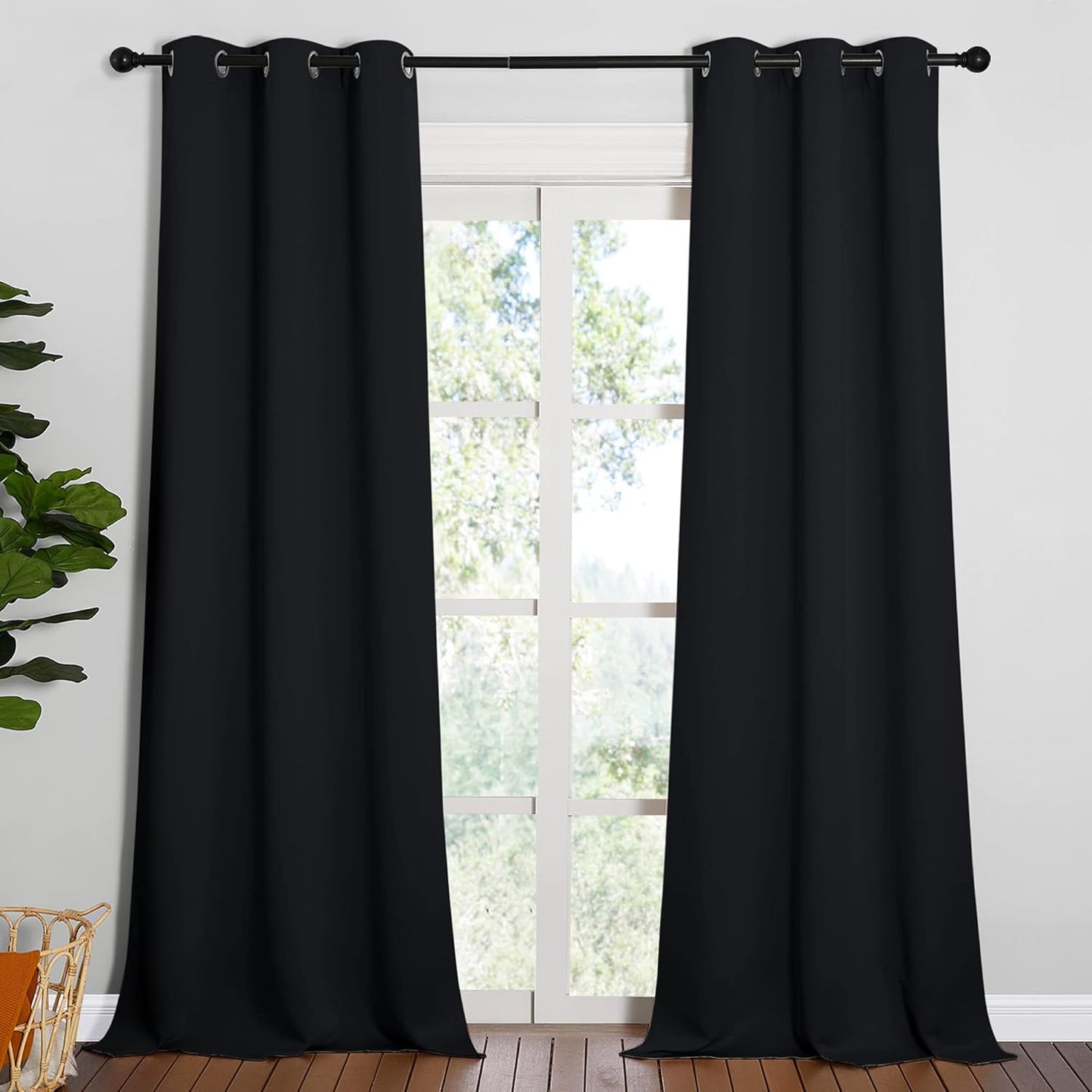 NICETOWN Halloween Pitch Black Solid Thermal Insulated Grommet Blackout Curtains/Drapes for Bedroom Window (2 Panels, 42 inches Wide by 63 inches Long, Black) - Colors E