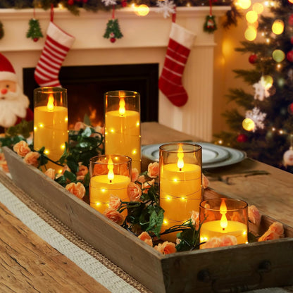 Homemory Flameless Candles with Embedded Star String Fairy Lights, Battery Operated Candles, LED Candle, Fake Candles with Remote Control and Timer for Halloween, Gray Acrylic, Set of 5(H4"5"6"8"8")