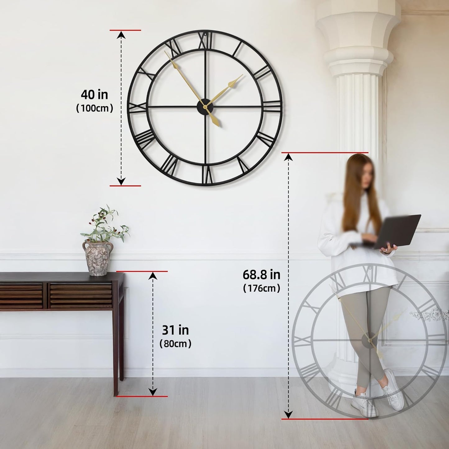 LEIKE 16" Large Wall Clocks Battery Operated, Round Modern Silent Non-Ticking Black Metal Wall Clock for Living Room Decor, Bedroom Kitchen (40cm Diameter, Black Roman Number)