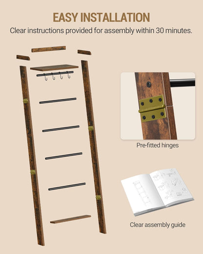 Hzuaneri Blanket Ladder Shelf, Decorative Quilt Rack, 6-Tier Farmhouse Ladder Holder Organizer with 4 Removable Hooks 7.9" D x 17.3" W x 63.4" H, Rustic Brown BR35801B