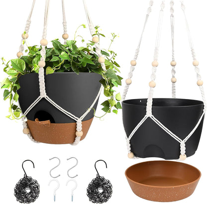 Vanslogreen Hanging Planters for Indoor Outdoor Plants, 2 Pack Self Watering Hanging Pot with Drainage Holes & Removable Tray (Black, 8'')