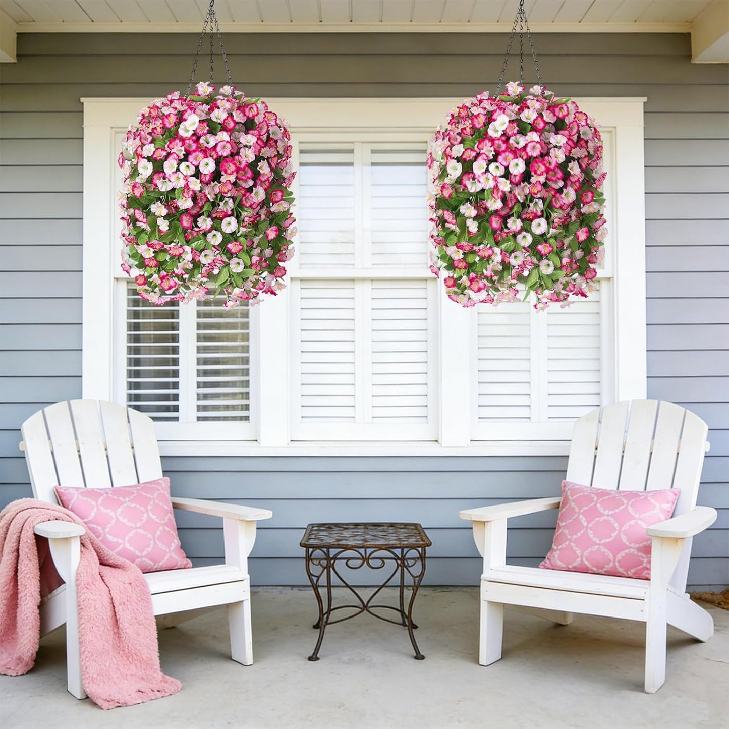 INXUGAO Artificial Flowers with Hanging Basket, Outdoor Faux Plants Silk Morning Glory Vines, Fake Green Arrangement for Garden Patio Spring Summer Decor(4pcs,Darkorchid)