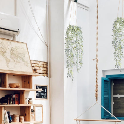 Decorative Hanging Plants for Shelf, Faux Ivy Eucalyptus Vine, Fake Greenery in White Bigger Pot (Light Green, 1PCS)