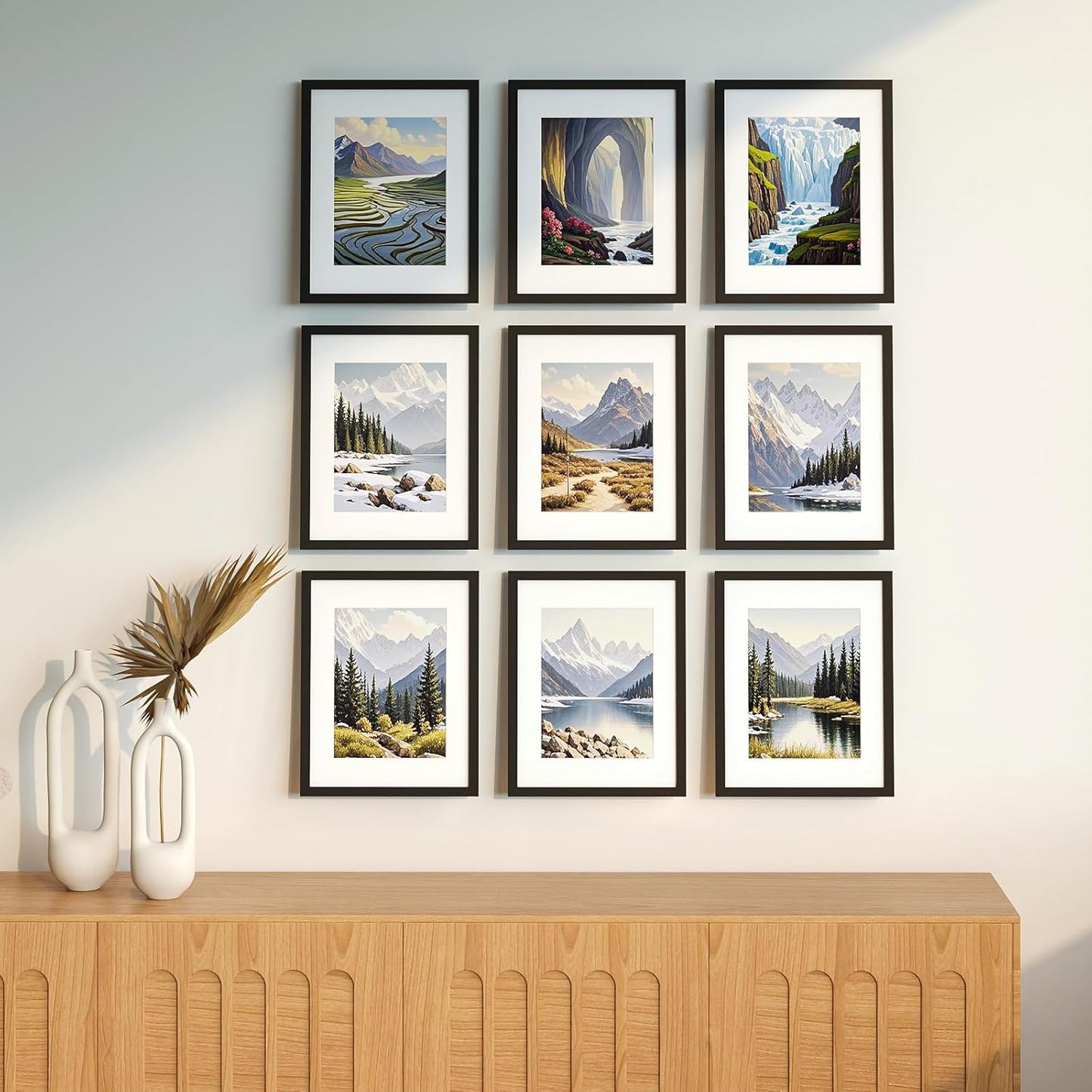 12x12 Picture Frame Set of 9, Display Pictures 8x8 with Mat or 12x12 without Mat, Multi Collage Gallery Square Photo Frames for Wall or Tabletop, Black