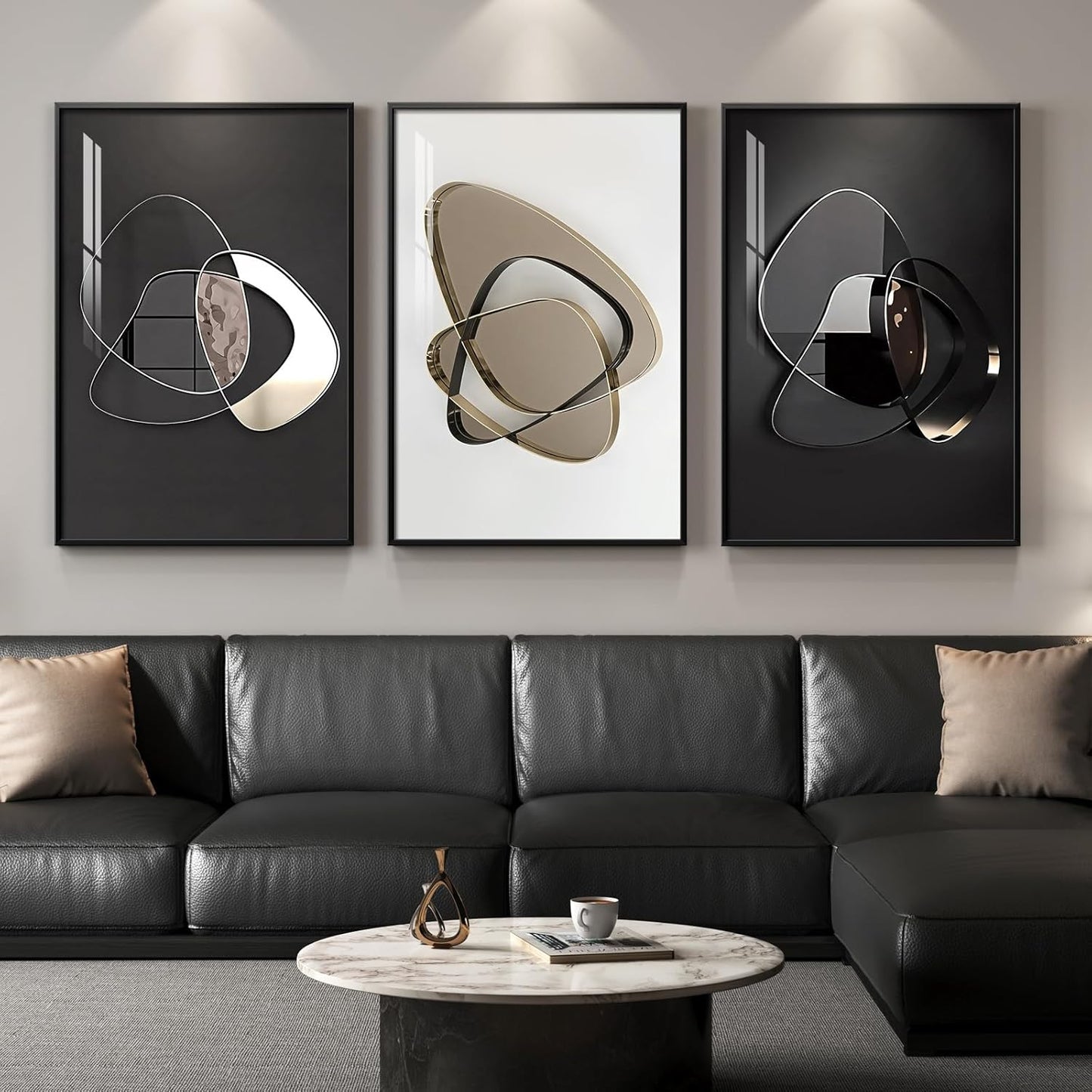 Framed Modern Luxury Gold Wall Art, Set of 3 Piece Contemporary Paintings Artwork for Walls, Golden Prints Pictures with Gold Frame, Wall Decor for Living Room, Hallway, Bedroom, Office 16x24 Inch